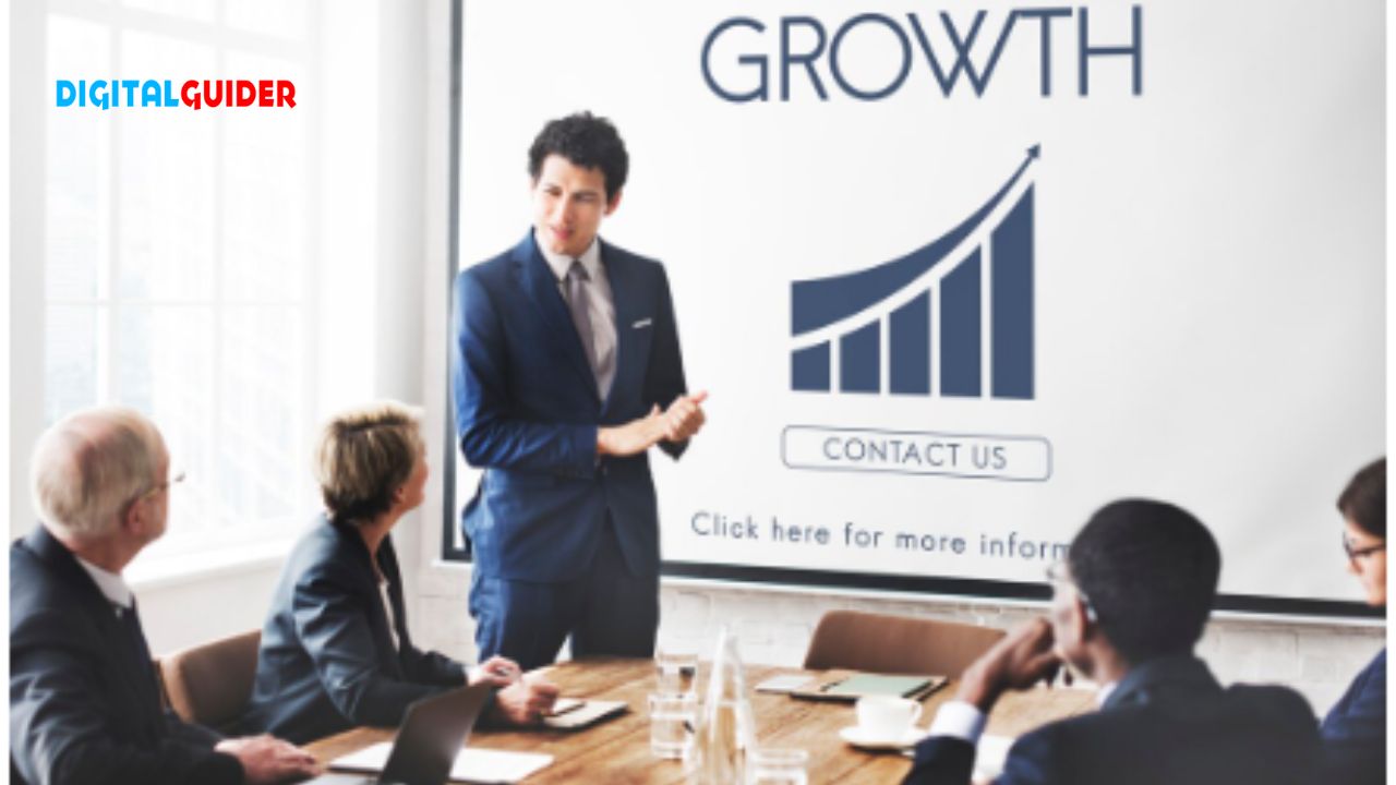 Philadelphia SEO agency team presenting growth strategy with a business professional showcasing rising graph in a meeting.